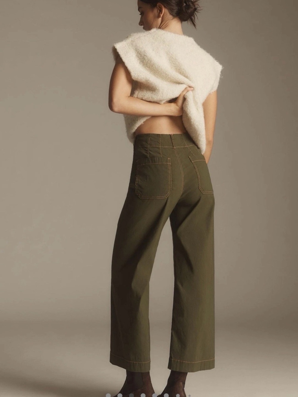 Anthropologie Maeve Green Colette Crop Wide Leg Pants Contrast Stitch Women 30 - Picture 3 of 12